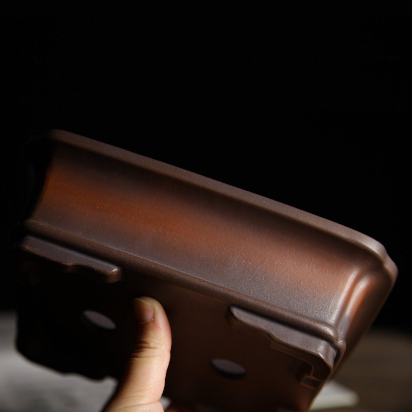 6.9 inch (17.6cm) Small Rectangular Indented Corner Gradient Finish Unglazed Bonsai Pot Side View