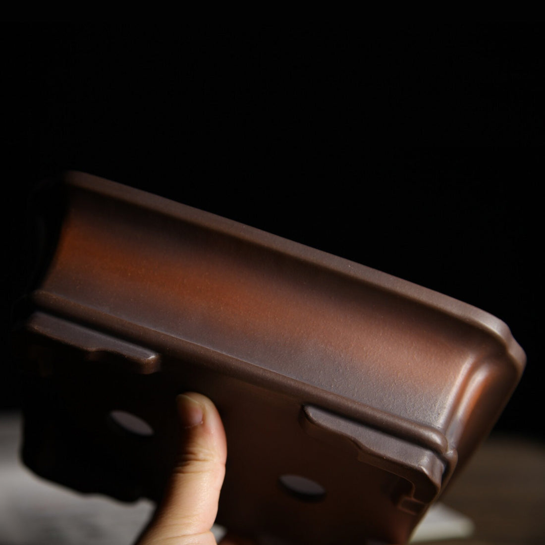 6.9 inch (17.6cm) Small Rectangular Indented Corner Gradient Finish Unglazed Bonsai Pot Side View