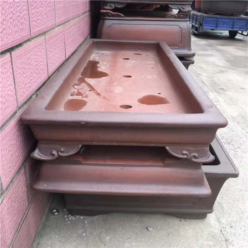 66.9 inch (170cm) Extra Large Long Shallow Unglazed Forest Bonsai Pot w Raised Feet Side View