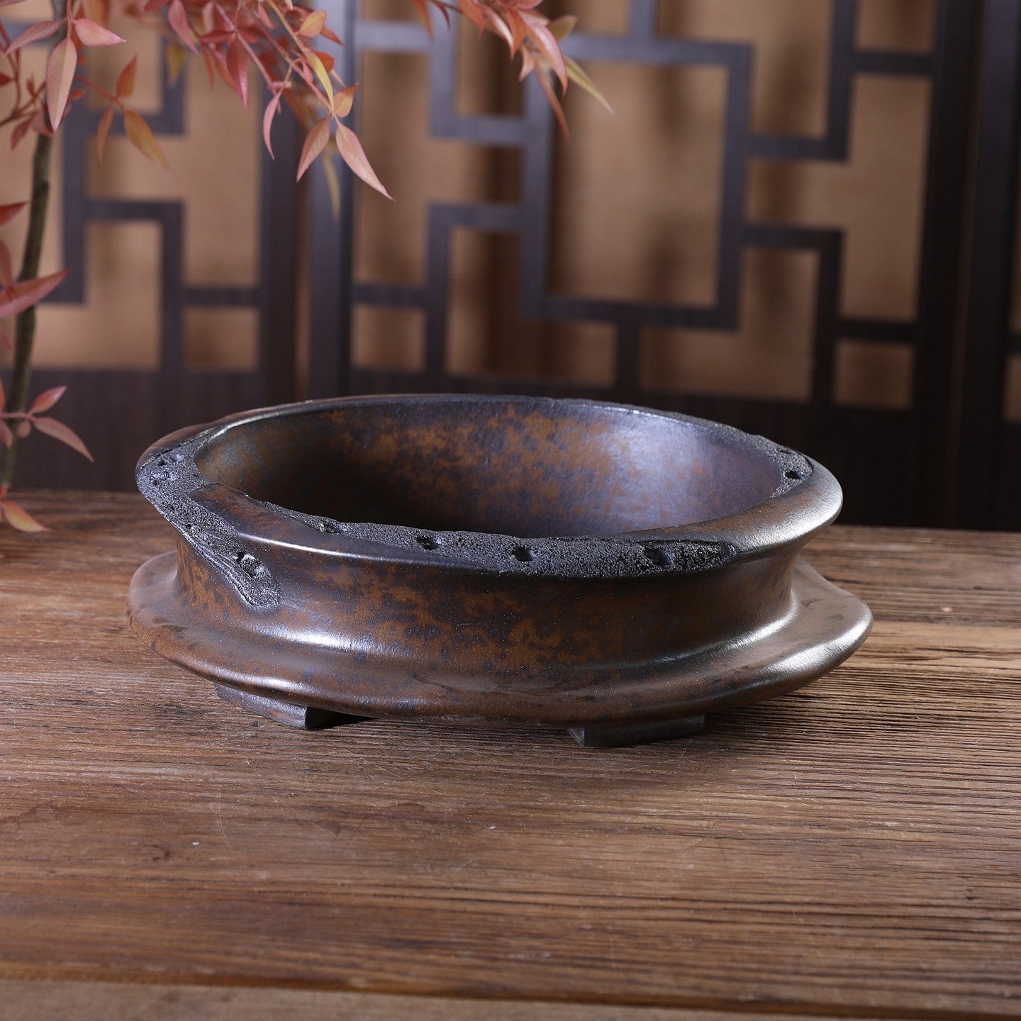 10.2" (26cm) Vaso bonsai ovale grande, cotto a legna, con finitura puntinata, non smaltato e con texture simile all'erosione