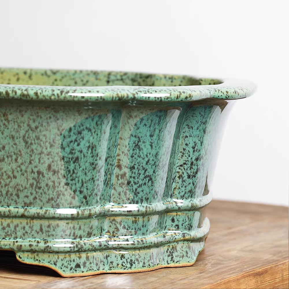 14.7" (37.5cm) Large Scalloped Oval High-Temp Green Glazed Bonsai Pot