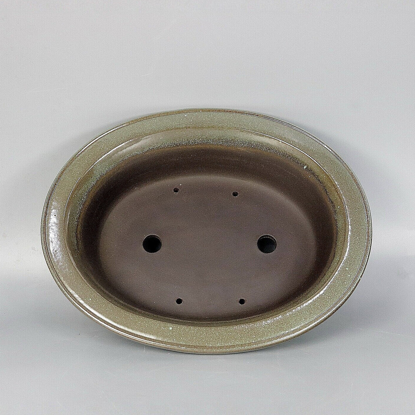 12.4" (31.5cm) Large Oval Green-Brown Dual Tone Glazed Bonsai Pot with Broad Flared Rim