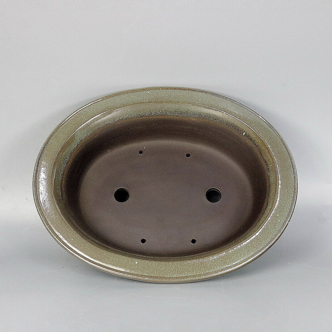 12.4" (31.5cm) Large Oval Green-Brown Dual Tone Glazed Bonsai Pot with Broad Flared Rim