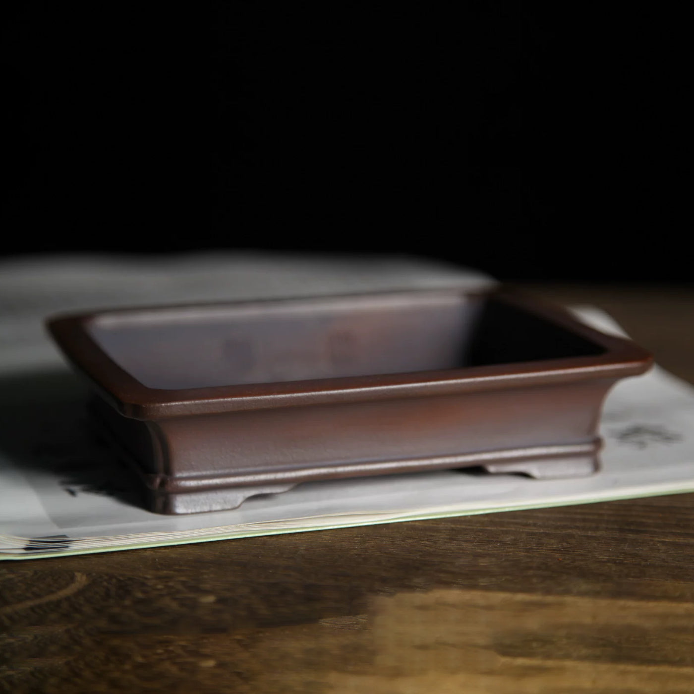 6 inch (15.4cm) Small Flared Rectangular Reddish-Brown Unglazed Premium Bonsai Pot Corner View