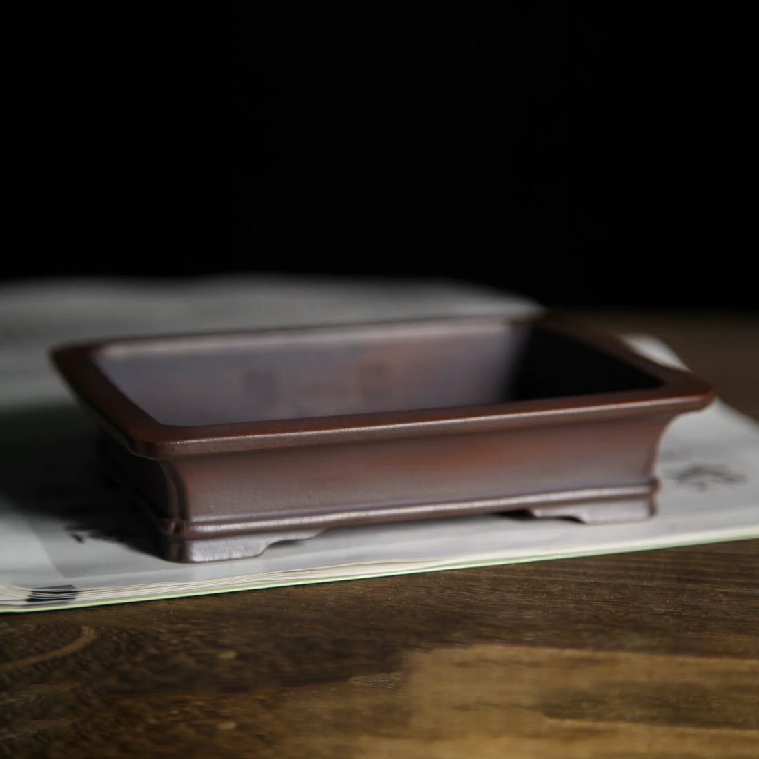 6 inch (15.4cm) Small Flared Rectangular Reddish-Brown Unglazed Premium Bonsai Pot Corner View