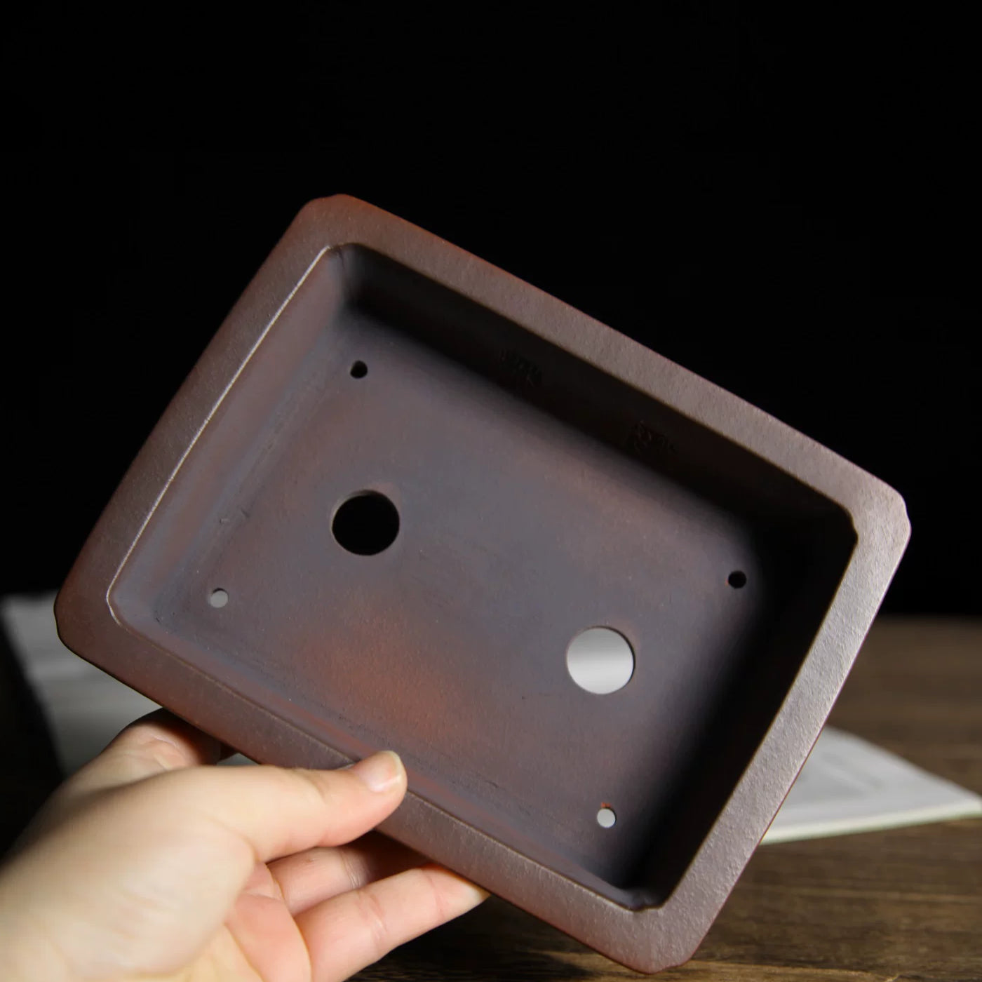 6 inch (15.4cm) Small Flared Rectangular Reddish-Brown Unglazed Premium Bonsai Pot Inner View