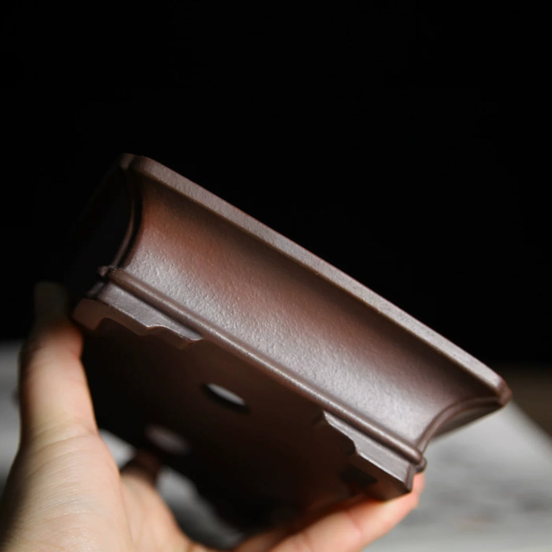 6 inch (15.4cm) Small Flared Rectangular Reddish-Brown Unglazed Premium Bonsai Pot Side View