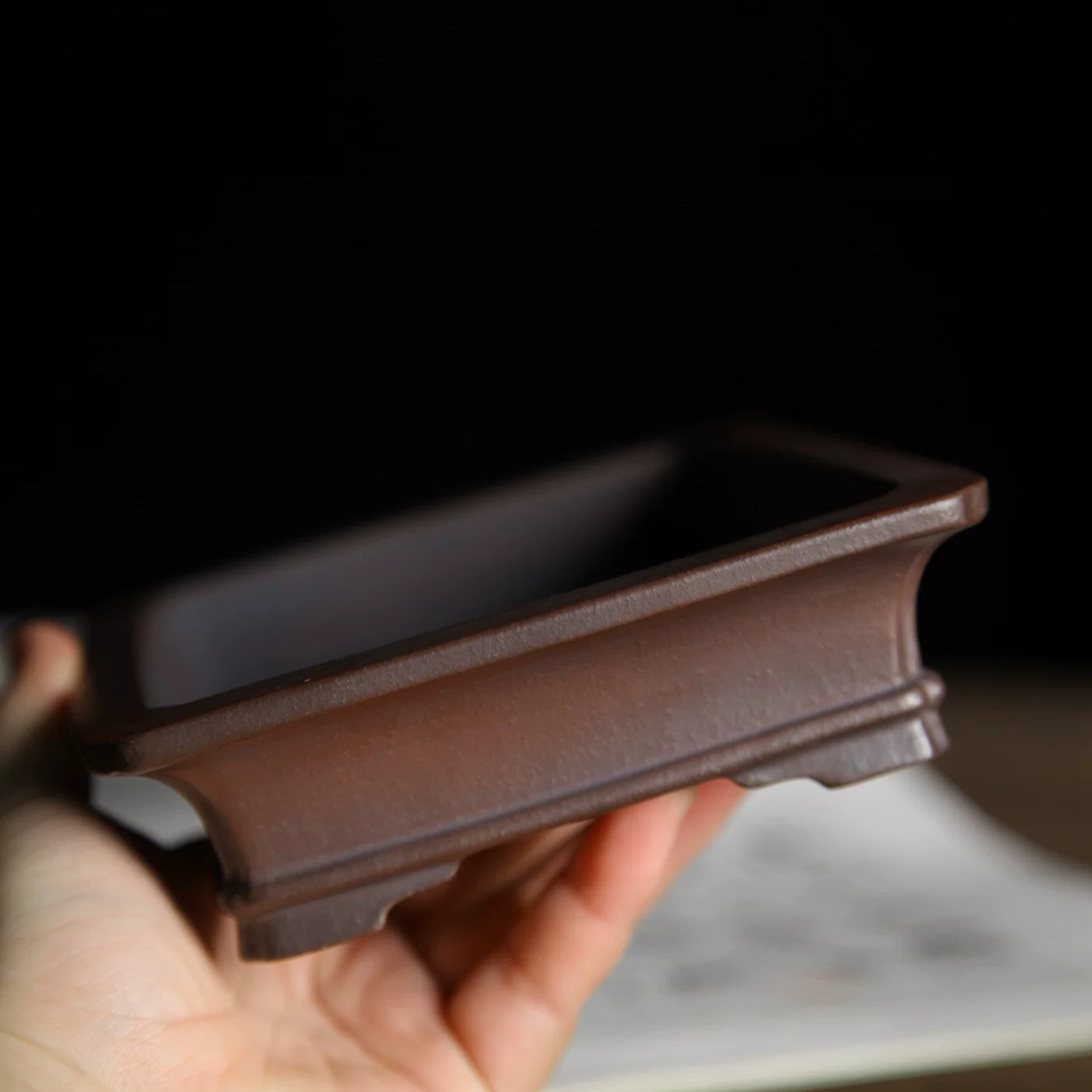 6 inch (15.4cm) Small Flared Rectangular Reddish-Brown Unglazed Premium Bonsai Pot Side View