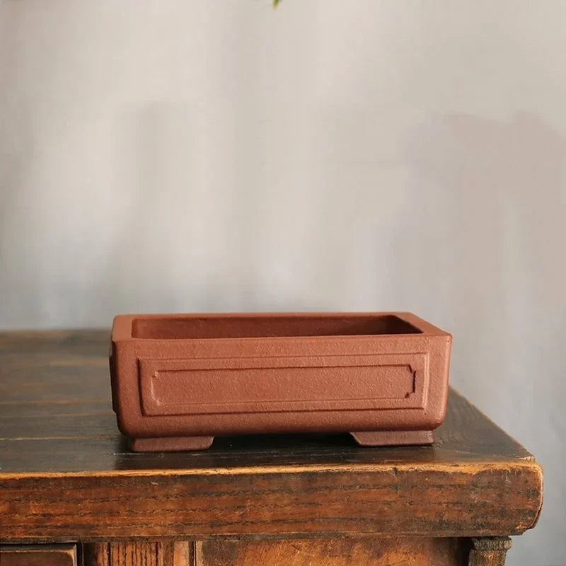 7.1 inch (18.2cm) Rectangular Unglazed Handmade Bonsai Pot w Raised Panel Design