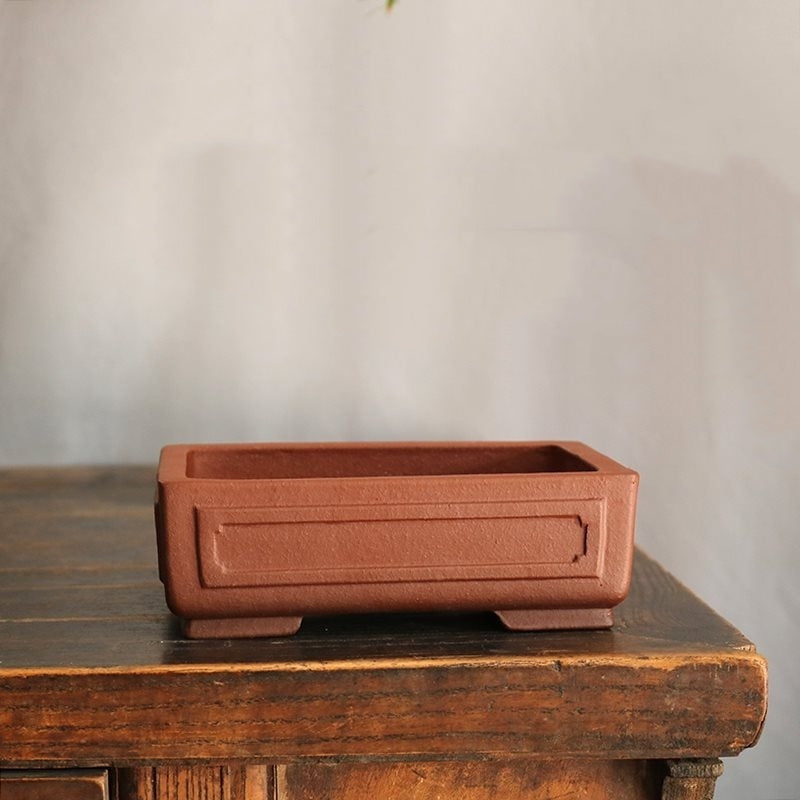 7.1 inch (18.2cm) Rectangular Unglazed Handmade Bonsai Pot w Raised Panel Design