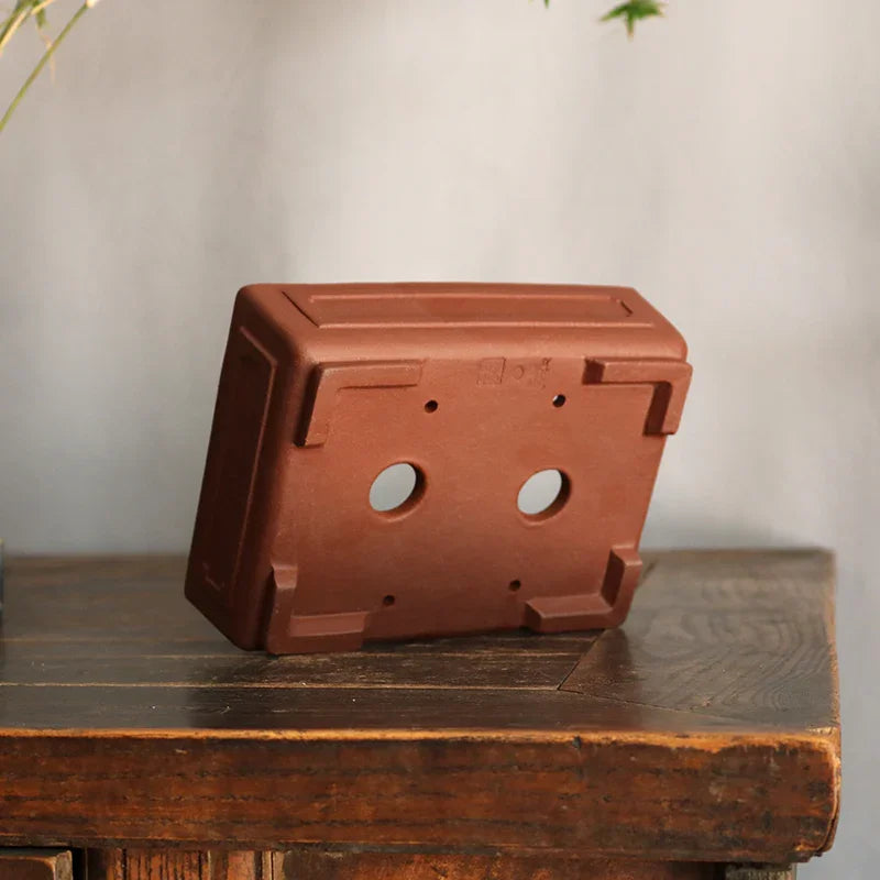 7.1 inch (18.2cm) Rectangular Unglazed Handmade Bonsai Pot w Raised Panel Design Bottom View