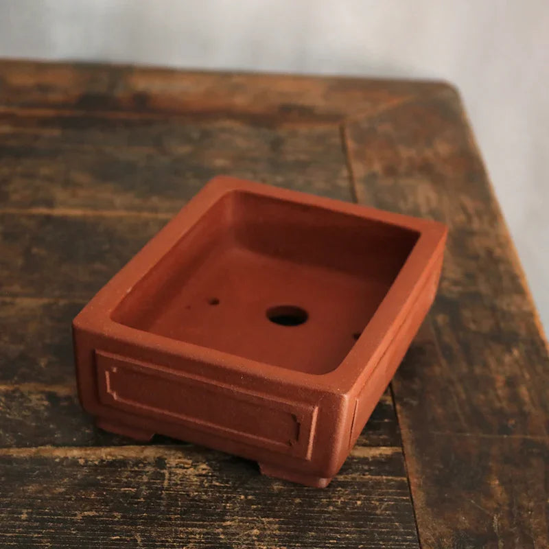 7.1 inch (18.2cm) Rectangular Unglazed Handmade Bonsai Pot w Raised Panel Design Inner View