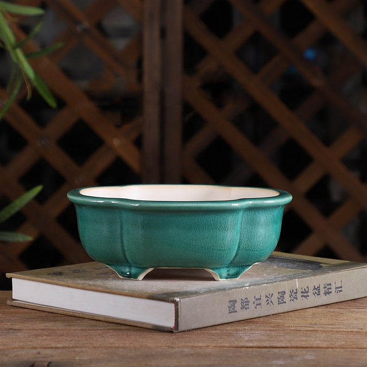 7.2" (18.5cm) Mid-Sized Lotus-Shaped Cracked Glaze Classic Bonsai Pot Green Color