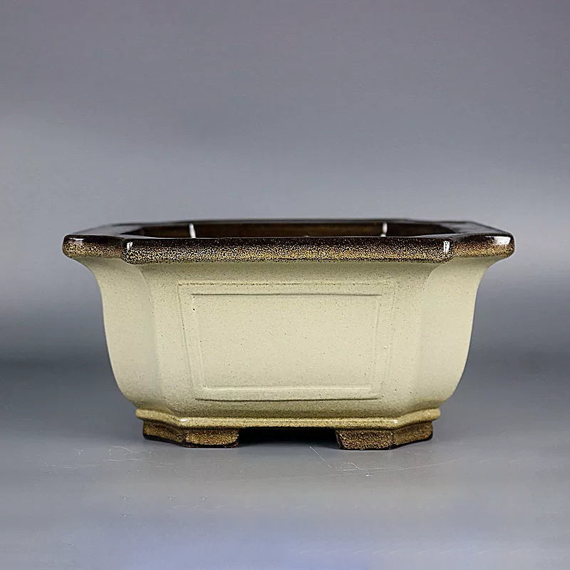 7.2 inch (18.5cm) Wide Square Corner-Cut Yellow-Brown Dual Tone Glazed Deep Bonsai Pot