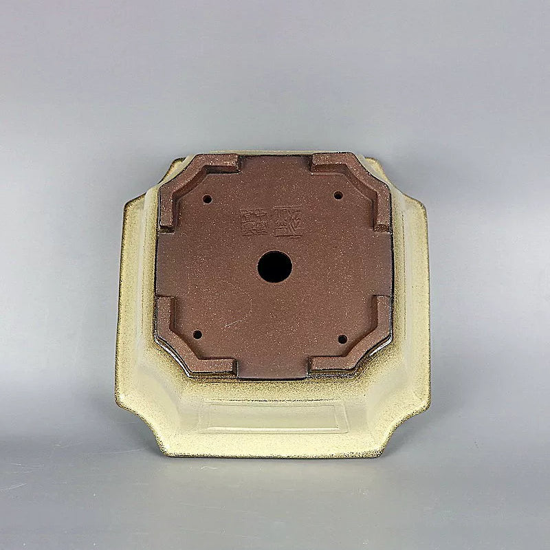 7.2 inch (18.5cm) Wide Square Corner-Cut Yellow-Brown Dual Tone Glazed Deep Bonsai Pot Bottom View