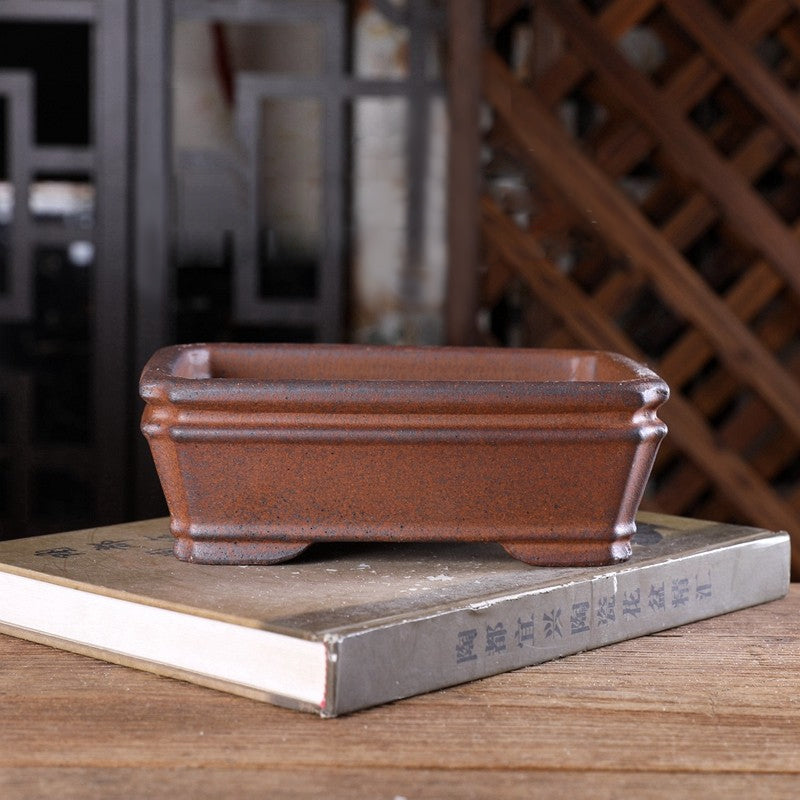 7.2 inch (18.5cm) Corner-Cut Rectangular Unglazed Wood-Fired Bonsai Pot with Narrowed Rim