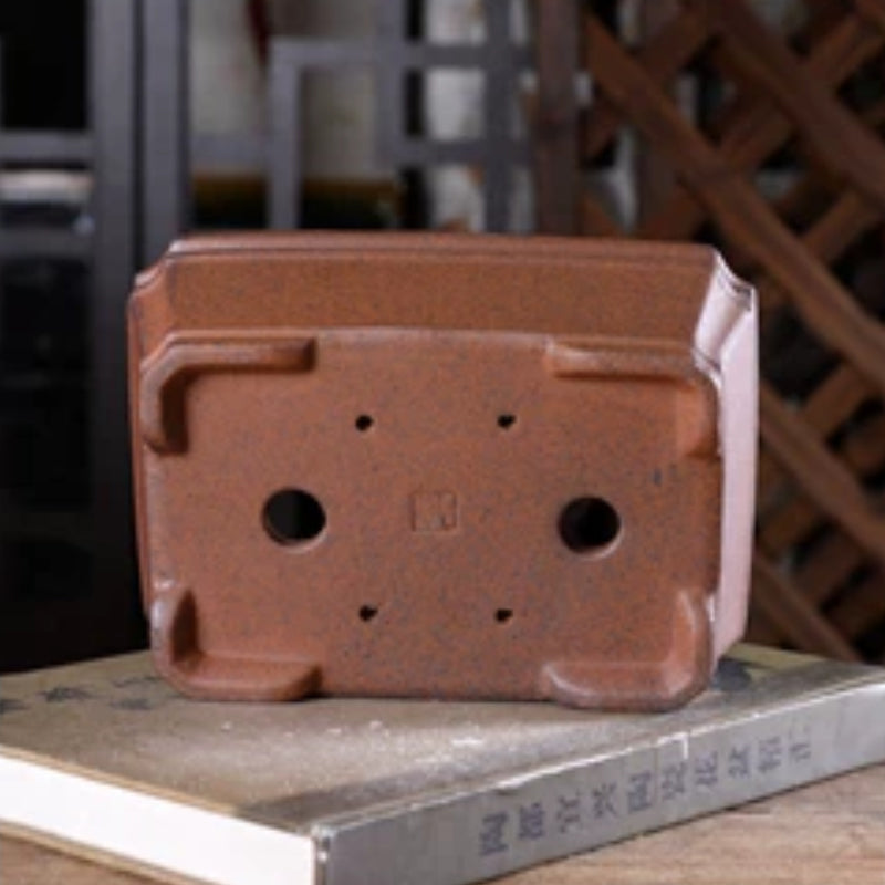7.2 inch (18.5cm) Corner-Cut Rectangular Unglazed Wood-Fired Bonsai Pot with Narrowed Rim Bottom View