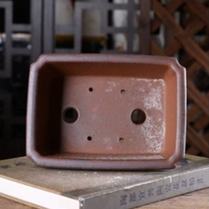 7.2 inch (18.5cm) Corner-Cut Rectangular Unglazed Wood-Fired Bonsai Pot with Narrowed Rim Inner View