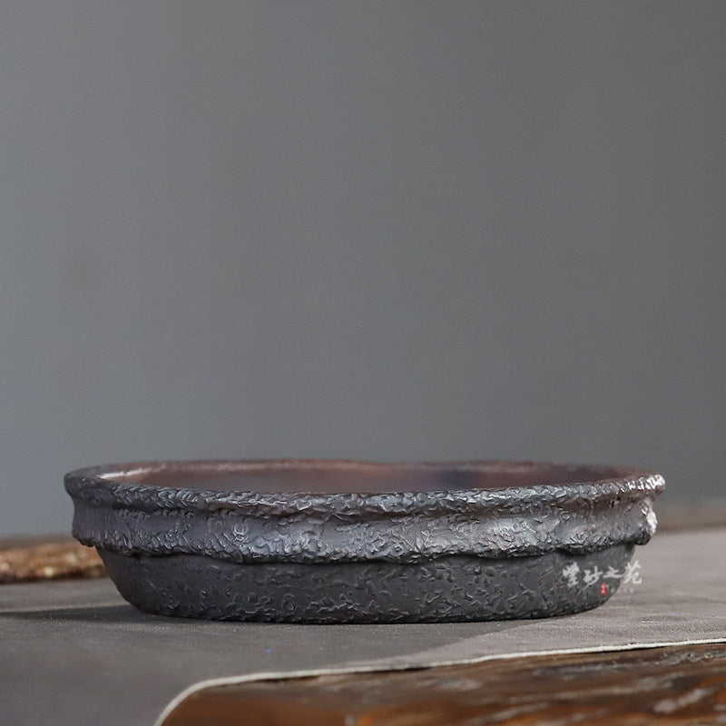 7.2 inch (18.4cm) Round Nanban-Style Shallow Bonsai Pot w Weathered Stone-Like Texture