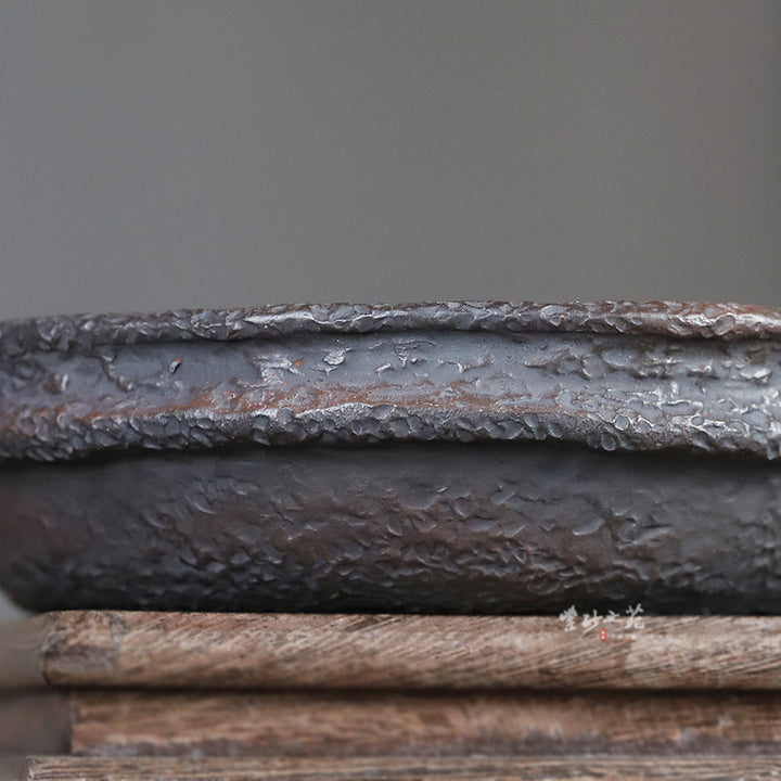 7.2 inch (18.4cm) Round Nanban-Style Shallow Bonsai Pot w Weathered Stone-Like Texture Close Shot