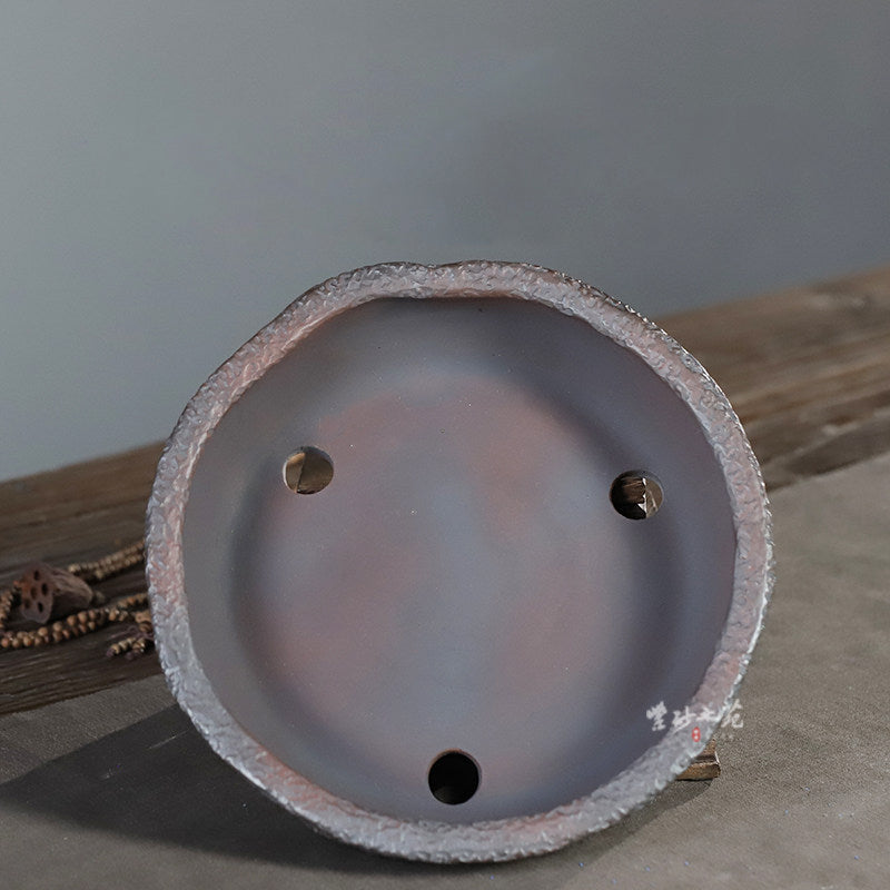 7.2 inch (18.4cm) Round Nanban-Style Shallow Bonsai Pot w Weathered Stone-Like Texture Inner View