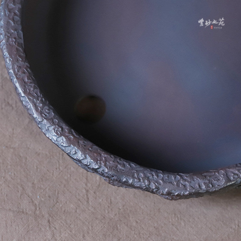 7.2 inch (18.4cm) Round Nanban-Style Shallow Bonsai Pot w Weathered Stone-Like Texture Rim Close Shot