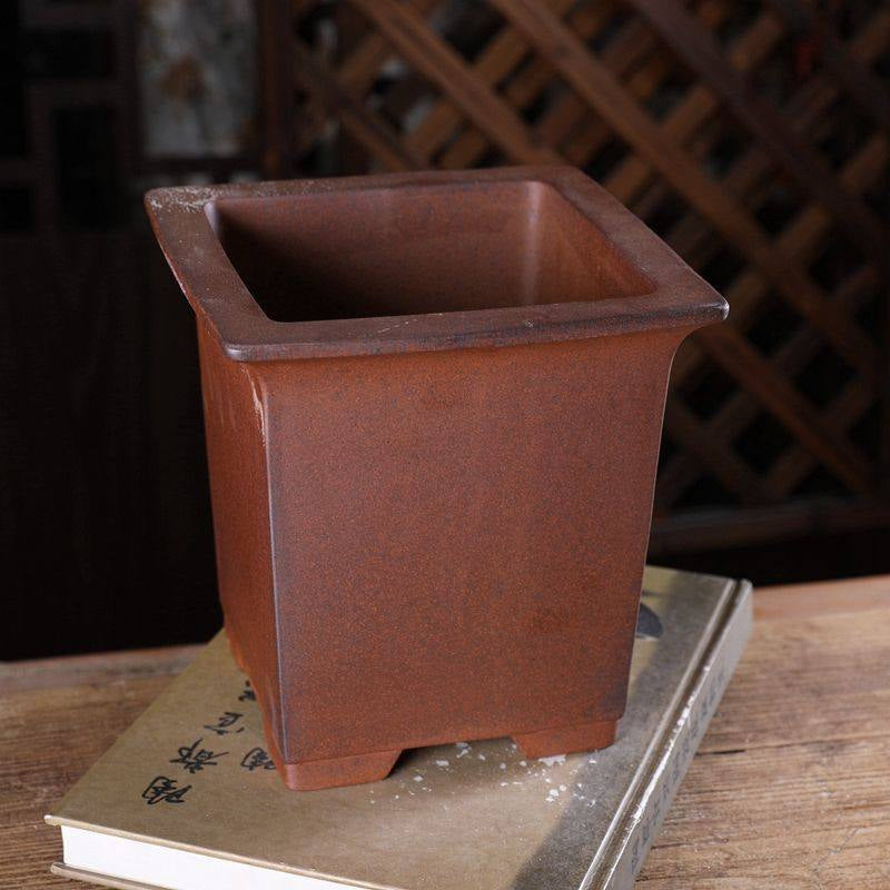 7.2 inch (18.5cm) Deep Square Traditional Unglazed Cascade Bonsai Pot Corner View