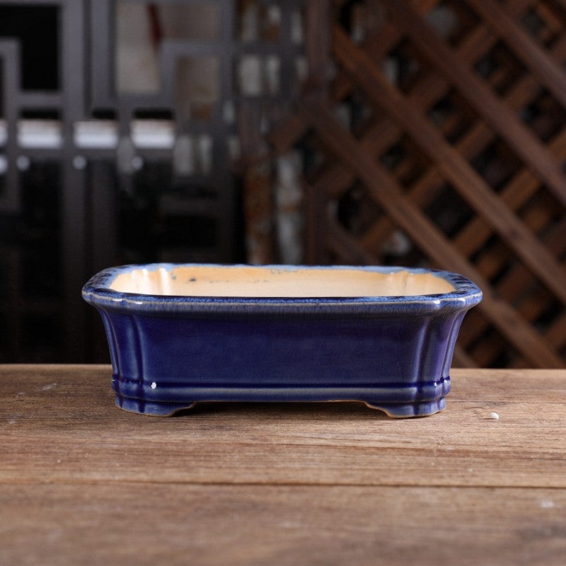 7.2 inch (18.5cm) Scalloped Corner Rectangular Glazed Traditional Bonsai Pots Deep Blue Color