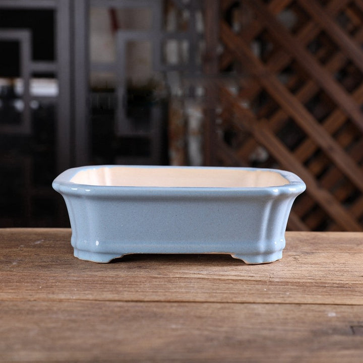 7.2 inch (18.5cm) Scalloped Corner Rectangular Glazed Traditional Bonsai Pots Sky Blue Color