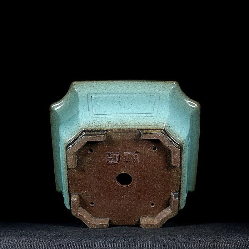 7.2 inch (18.5cm) Wide 3.5 inch (9cm) Deep Square Green-Brown Dual Tone Bonsai Pot Bottom View