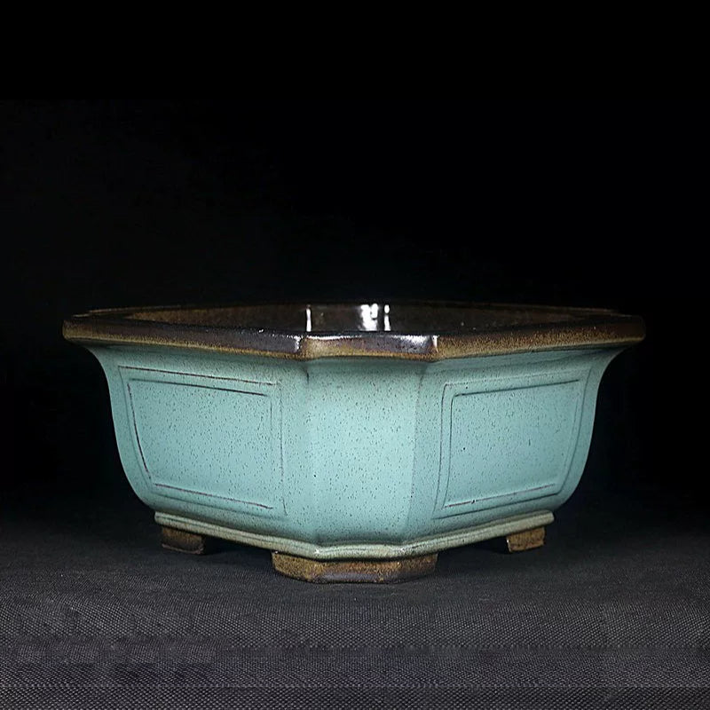 7.2 inch (18.5cm) Wide 3.5 inch (9cm) Deep Square Green-Brown Dual Tone Bonsai Pot Corner View
