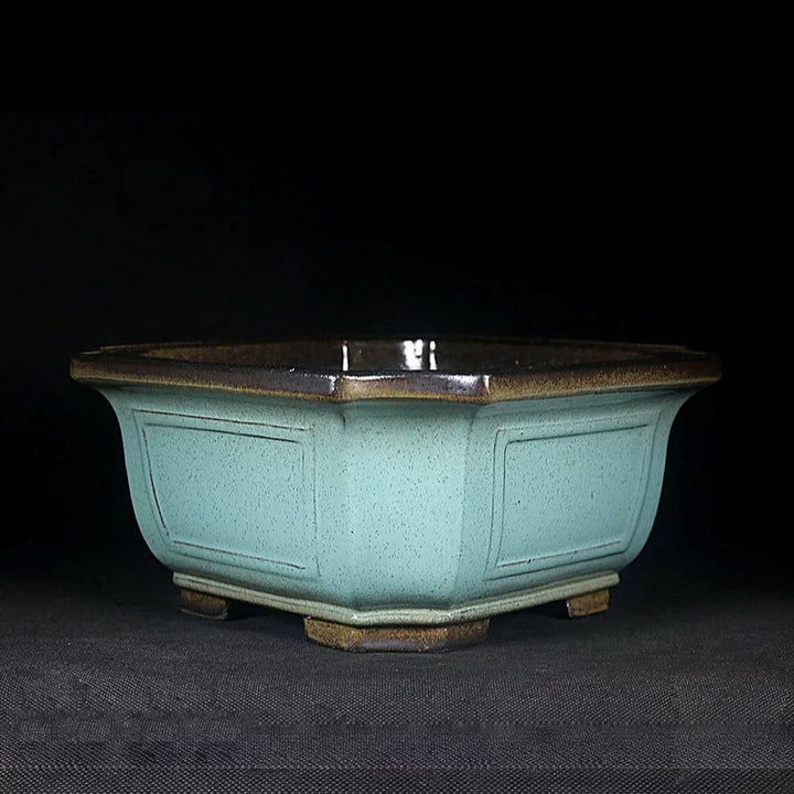 7.2 inch (18.5cm) Wide 3.5 inch (9cm) Deep Square Green-Brown Dual Tone Bonsai Pot Corner View