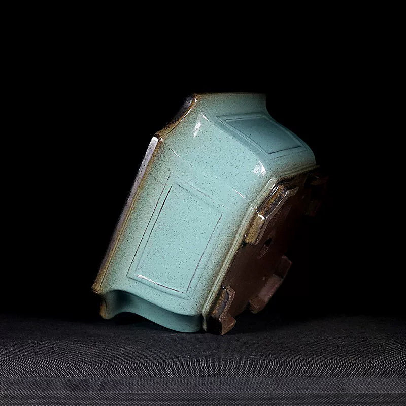 7.2 inch (18.5cm) Wide 3.5 inch (9cm) Deep Square Green-Brown Dual Tone Bonsai Pot Side View