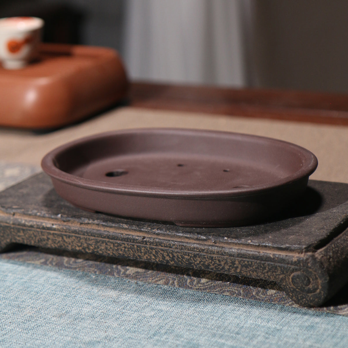7.3" (18.6cm) Traditional Unglazed Oval Shallow Bonsai Pot Corner View