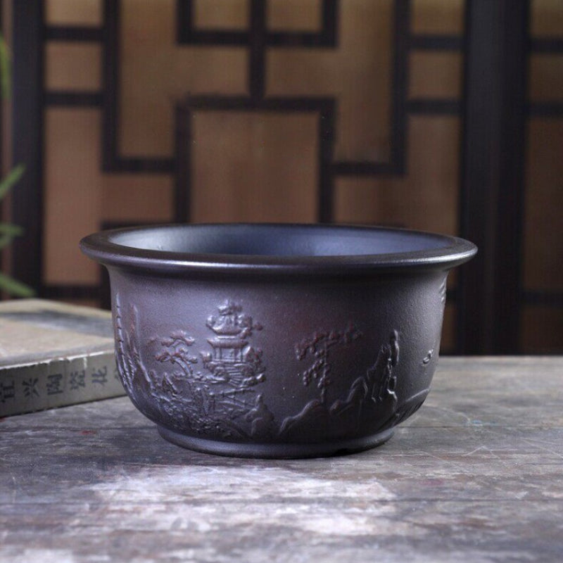 7.3 inch (18.7cm) Wide 3.6 inch (9.3cm) Deep Round Antique-Style Semi-Cascade Bonsai Pot