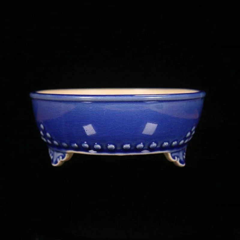 7.4" (19cm) Small Round Studded Glazed Bonsai Pots Dark Blue Color