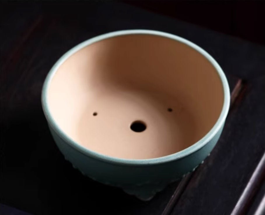 7.4" (19cm) Small Round Studded Glazed Bonsai Pots Inner View