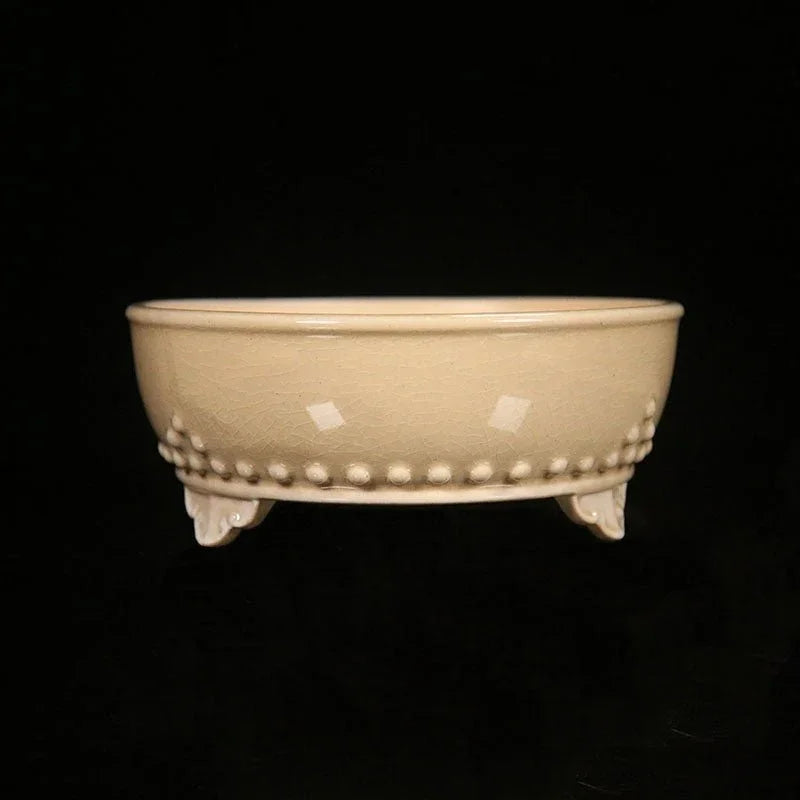7.4" (19cm) Small Round Studded Glazed Bonsai Pots Milky White Color