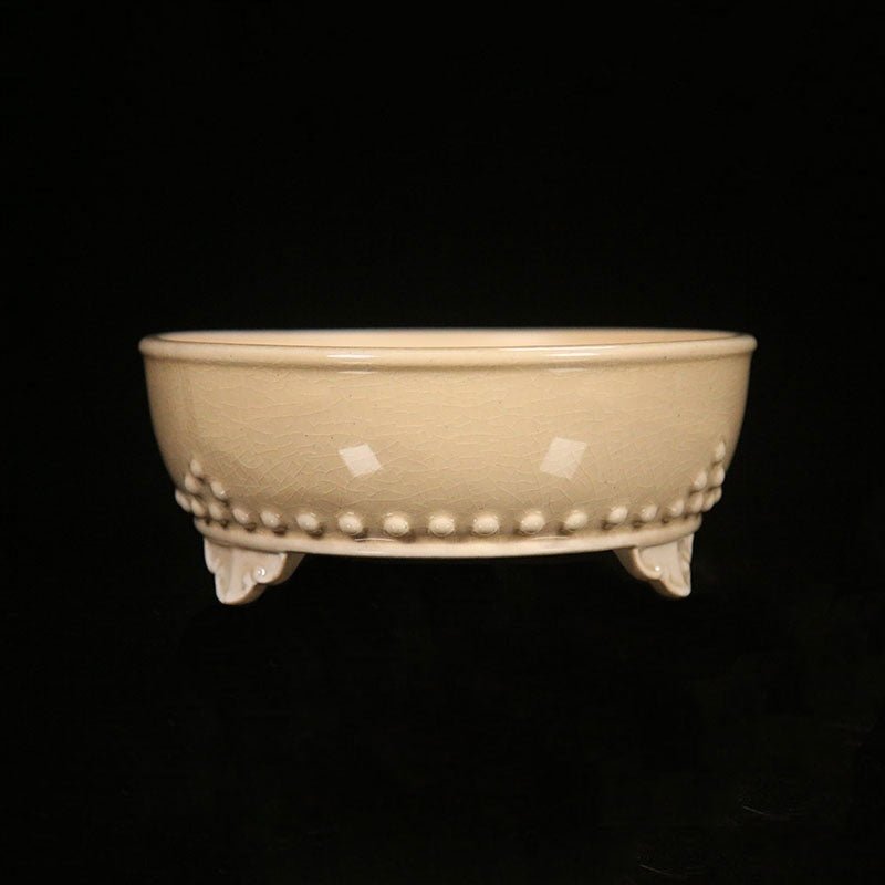 7.4" (19cm) Small Round Studded Glazed Bonsai Pots Milky White Color