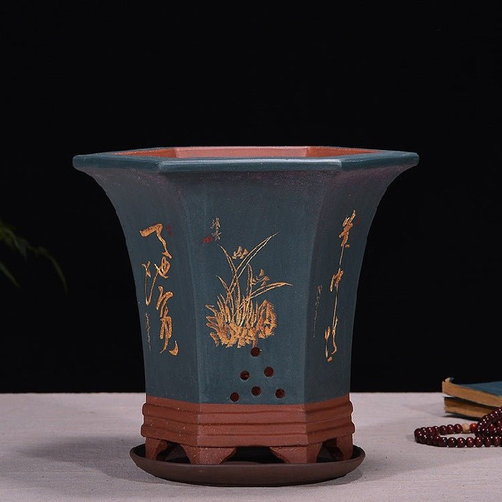 7.4" Deep Premium Hand-Carved Hexagonal Blue Cascade Bonsai Pots