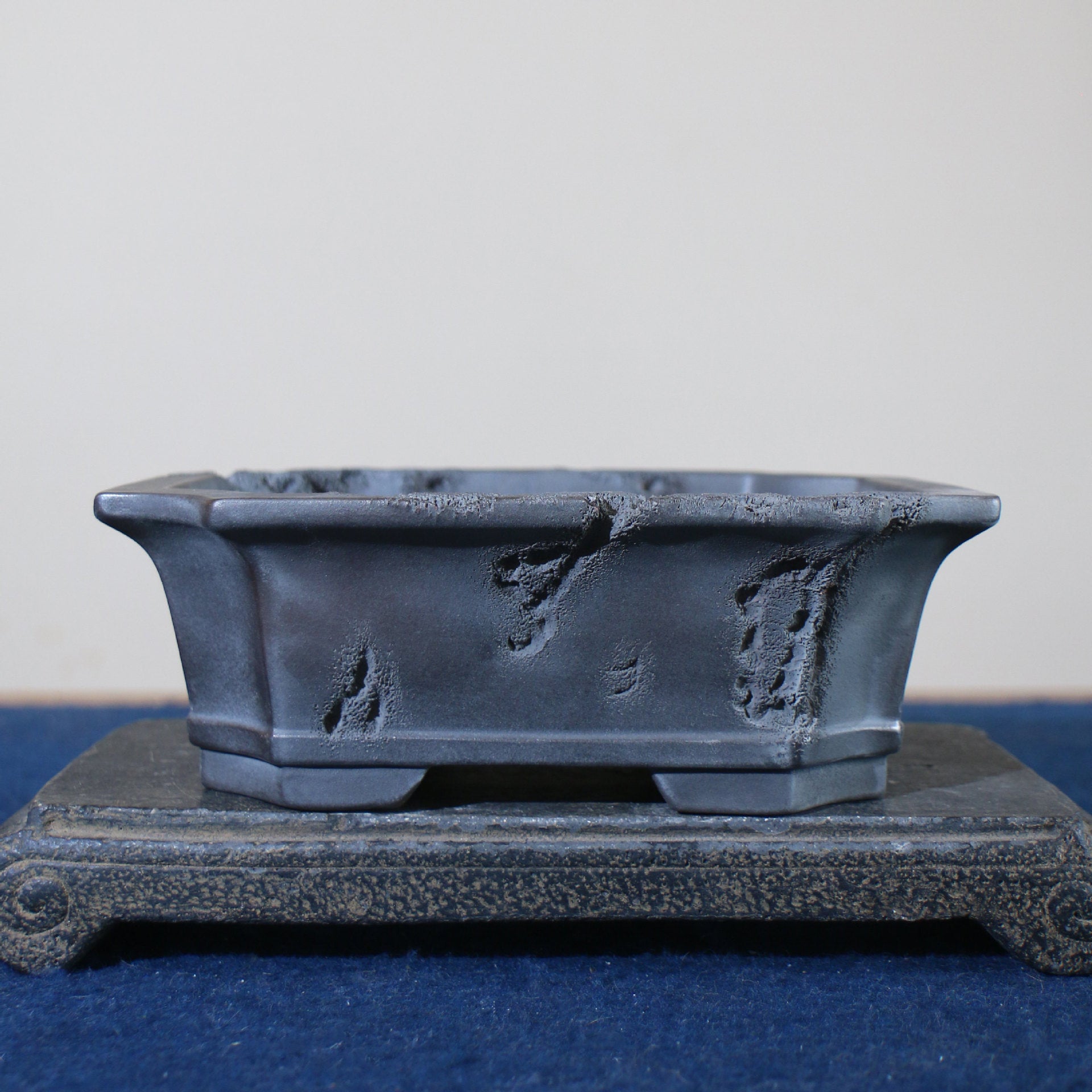 7.4 inch (19cm) Corner-Cut Rectangular Gradient Unglazed Bonsai Pot w Erosion-Like Finish
