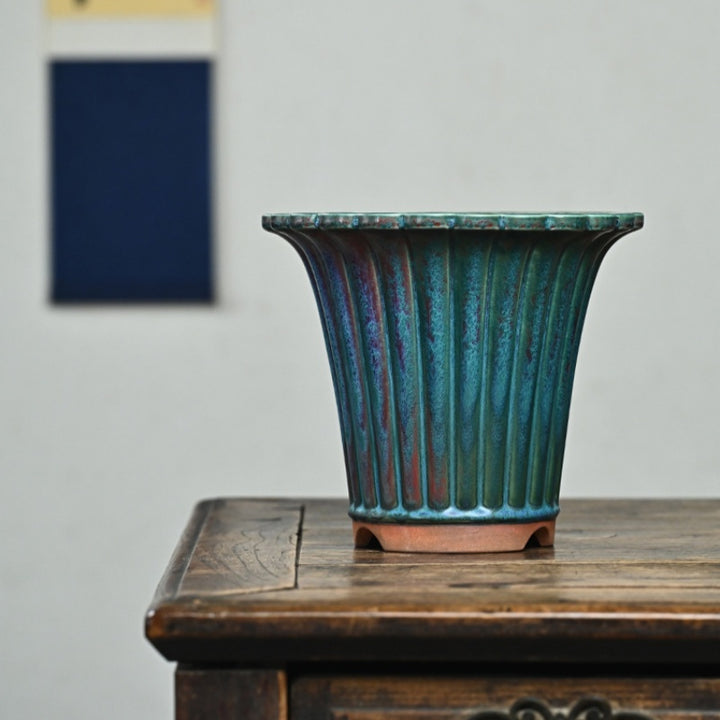 7.4 inch (19cm) Deep Round Exclusive Glazed Cascade Bonsai Pot w Vertical Ridges