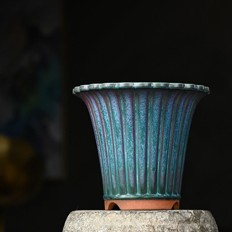 7.4 inch (19cm) Deep Round Exclusive Glazed Cascade Bonsai Pot w Vertical Ridges