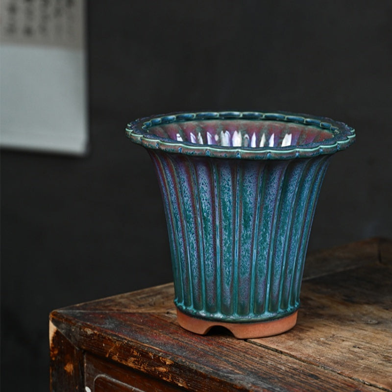 7.4 inch (19cm) Deep Round Exclusive Glazed Cascade Bonsai Pot w Vertical Ridges Top View