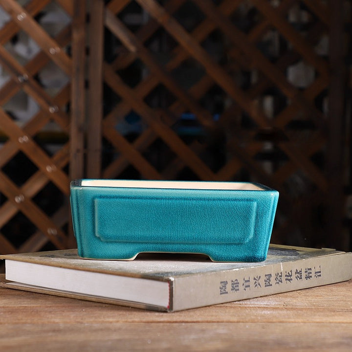 7.4 inch (19cm) Medium-Sized Classic Rectangular Glazed Ceramic Shohin Bonsai Pot Cyan Color