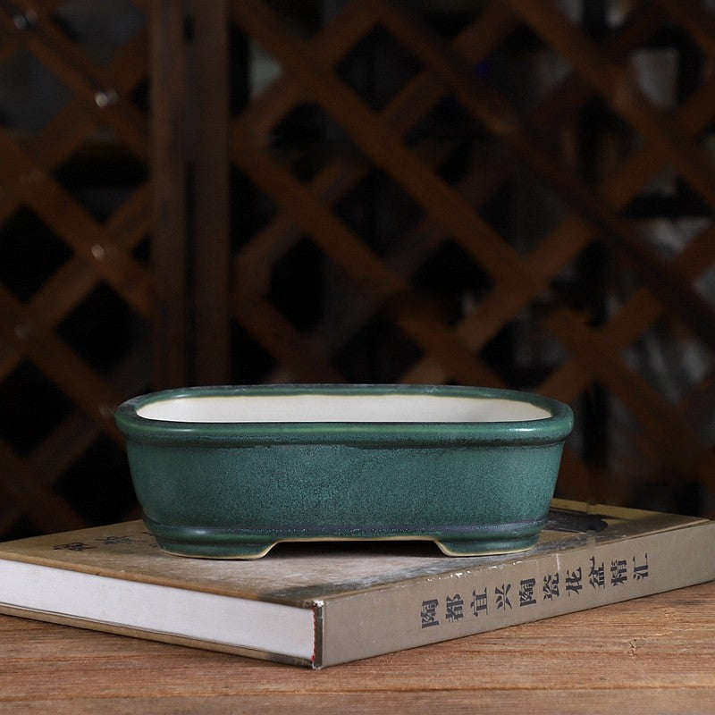 7.4 inch (19cm) Mid-Sized Rounder Corner Rectangular Green Glazed Classic Bonsai Pot