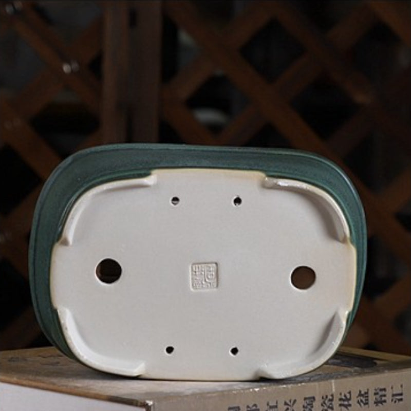 7.4 inch (19cm) Mid-Sized Rounder Corner Rectangular Green Glazed Classic Bonsai Pot Bottom View