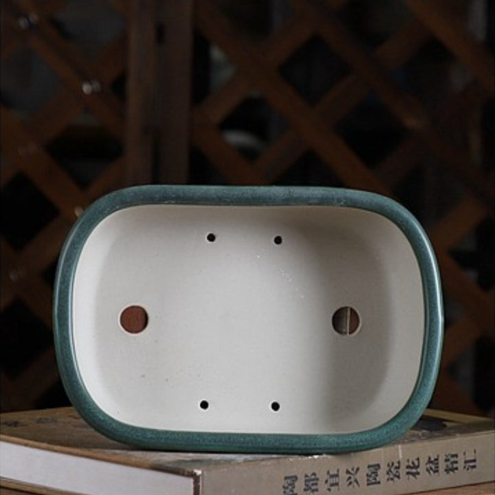 7.4 inch (19cm) Mid-Sized Rounder Corner Rectangular Green Glazed Classic Bonsai Pot Inner View
