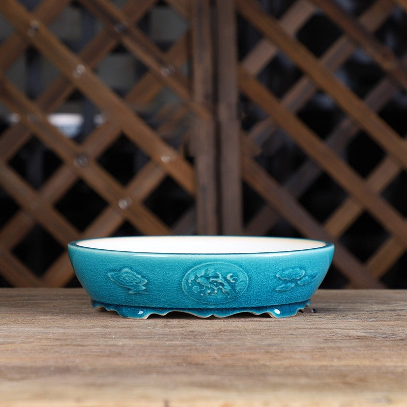 7.4 inch (19cm) Oval Shallow Cracked Glaze Wavy Curved Feet Bonsai Pot