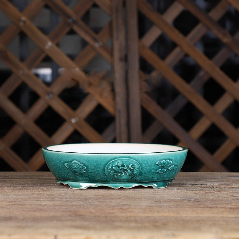 7.4 inch (19cm) Oval Shallow Cracked Glaze Wavy Curved Feet Bonsai Pot Green Color